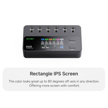 ISDT E625 6-Channel 1S LiHV/LiPo Battery IPS Screen Smart Charger/Discharger, Type-C/XT60 PD Powered with BT2.0/PH2.0 Ports, Features 4.35V 2.5A Fast Charging for Tiny Whoop FPV Drones RC Batteries