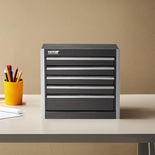 VEVOR Metal Tool Box, 8.6-inch, Portable Metal Tool Box with 5 Drawers, Small Tool Chest with EVA Liners and PP Feet Pads, Heavy-Duty Steel With Ball Bearing Opening and Powder Coated Finish, Black - size: 5 Drawers-Black