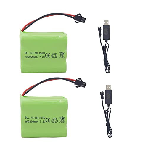 2PCS AA 7.2V 2800mah RC Battery Pack with SM-2P Plug with USB Charging Cable for Toy Tanks Engineering Department Flatbed Semi-Trailer Truck RC Remote Control Car Ni-MH high Capacity Battery