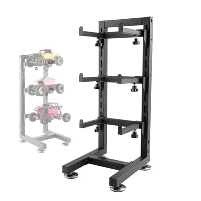 Multilayer Storage Rack Shelf Display Stand for RC Model Cars | Quick assembly, multi-scale fits for 1/10-1/24 TRX4 SCX10 TRX4M SCX24, expandable side holes for hanging RC tools - size: 7.87" x 9.45" x 23.62"