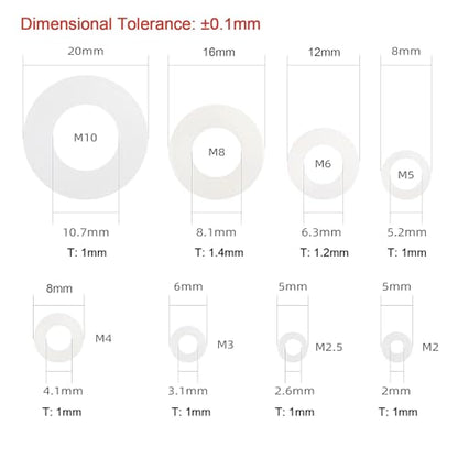 510 Pcs White Nylon Flat Washer Assortment Kit for Electrical Connections on Household & Commercial Appliances, (M2 M2.5 M3 M4 M5 M6 M8 M10) | Suitable for Electrical Connections on Household and Commercial Appliances., (M2 M2.5 M3 M4 M5 M6 M8 M10) Includ