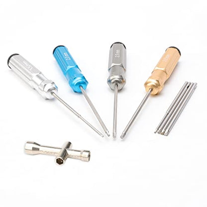 4Pcs RC Screw Driver Kit, 1.5/2.0/2.5/3.0mm Nut Screwdrivers with Small Cross Wrenches Sleeve, Hex Driver Repair Tool Set for RC Car Helicopter Models