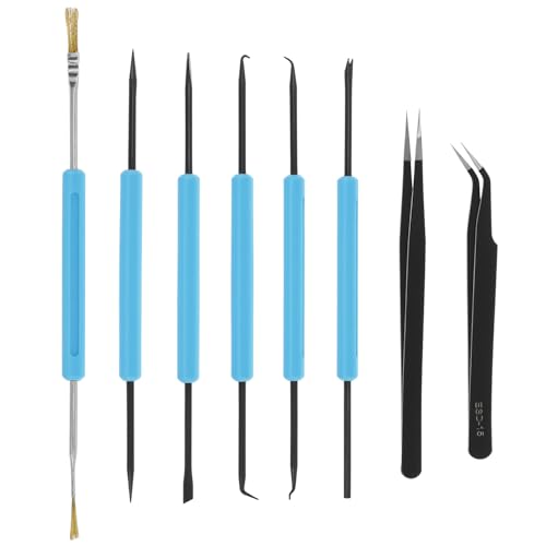 QWORK Professional Welding Auxiliary Tools Set, 6 Double-sided Repair Tools & 2 Anti-static Precision Tweezers for Electronic Repair, Soldering, and Grinding