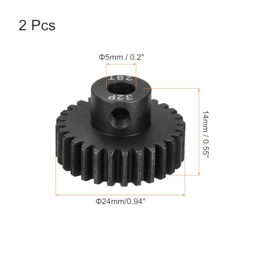 MECCANIXITY 2 Pcs RC 32P Hardened Pinion Gear 5mm Shaft, 28T Motor Gears Carbon Steel for 1/10 RC Model Car Boat Drone - style: 28T