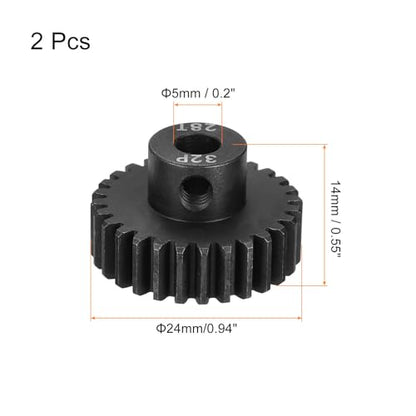 MECCANIXITY 2 Pcs RC 32P Hardened Pinion Gear 5mm Shaft, 28T Motor Gears Carbon Steel for 1/10 RC Model Car Boat Drone - style: 28T