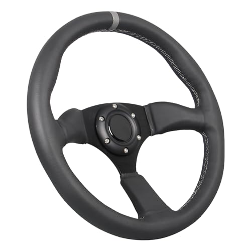 350mm Gray Stripe Racing Steering Wheel Black Genuine Leather Grip 6 Bolts Sport Steering Wheel with Horn Button Gray Stitching - color: Gray Stripe