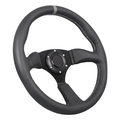 350mm Gray Stripe Racing Steering Wheel Black Genuine Leather Grip 6 Bolts Sport Steering Wheel with Horn Button Gray Stitching - color: Gray Stripe