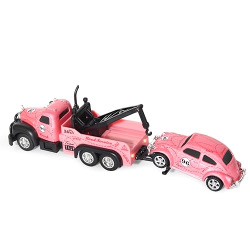 Mini Rc Truck,Tow Trucks Toy with Mini Metal Car Set 2PCS,City Service Vehicle Remote Control Tow Truck Toys for Kids Boys Gifts 3-5 4-7 8-12 Years Old, 1:64 Scale Cars Trailer Toy with Light (Pink) - color: Pink