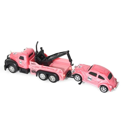 Mini Rc Truck,Tow Trucks Toy with Mini Metal Car Set 2PCS,City Service Vehicle Remote Control Tow Truck Toys for Kids Boys Gifts 3-5 4-7 8-12 Years Old, 1:64 Scale Cars Trailer Toy with Light (Pink) - color: Pink