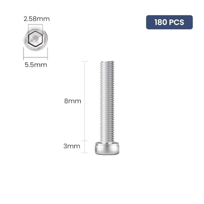 180pcs M3 x 8mm Hex Socket Head Cap Screws Bolts, 304 Stainless Steel 18-8, Allen Socket Drive,Bright Finish, Full Threads,with Hex Spanner - size: M3 x 8mm