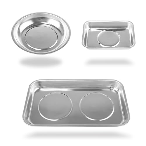 C&T 3-Piece Magnetic Tray Holder, Magnetic Parts Tray Set, Thickened Tray,Stainless Steel, Tool Trays for Screw, Bolts, Nuts, Washers, Pins and Other Small Metal Parts and Tools