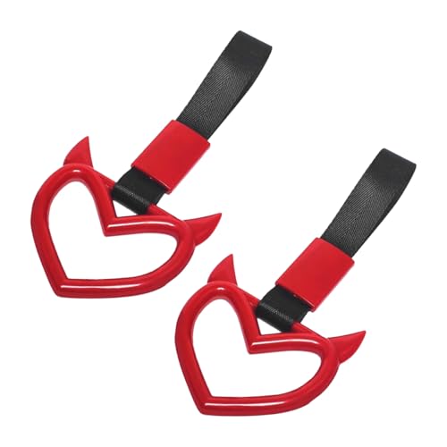 2PCS Car Devil Heart Handle Ring, Cute Heart-Shaped Vehicle Rear Bumper Waring Loops, Automotive Grab Handle Strap Drift Charm Decoration, Universal Fit (Red/Black) - color: Red/Black