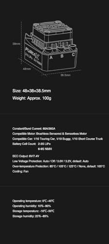 FuriaX Supa 3650 Motor 60A ESC RC Car Speed Controller 2-3S LiPo 3.175mm Shaft for 1/10 Touring Buggy Short Course Truck (3650-4000KV 60A Combo)