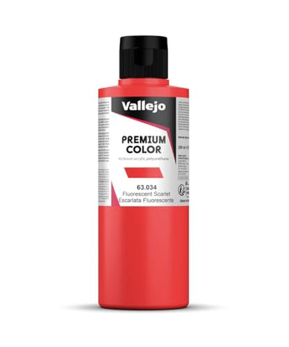 Vallejo - Premium Color Fluorescent Scarlet 6.76 Fl.Oz. (200 ml) for Airbrushing, Acrylic-Polyurethane Hybrid Resin of Great Resistance Paint, RC, Model and Hobby Use - style: Fluorescent Scarlet