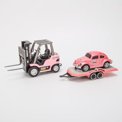 1/64 Scale Mini RC Forklift Truck, 2.4GHz Fully Functional Remote Control Truck Model with Wireless Controller, Cargo Hook, Forks and Pallet, RC Vehicle Toy for Adults - color: Pink/Upgraded Version