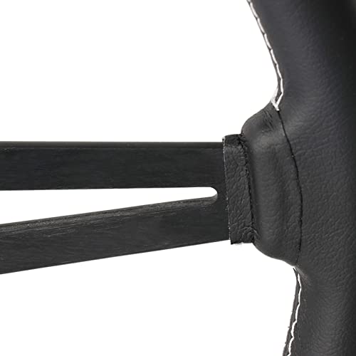 Universal Flat Drift 6 Bolts Steering Wheel Wrapped Genuine Leather Grip | 14 inch Sport Racing Steering Wheel with White Stitching Black Spokes - color: 5126H-black