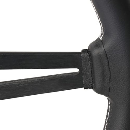 Universal Flat Drift 6 Bolts Steering Wheel Wrapped Genuine Leather Grip | 14 inch Sport Racing Steering Wheel with White Stitching Black Spokes - color: 5126H-black