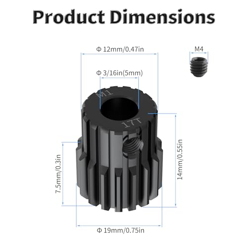 Pinion Motor Gear, M1 17T, 3/16 in (5mm) Shaft Hole | M1 Pitch 17 Teeth, 1045 Hardened Carbon Steel, 3/16 Inch Shaft Hole, RC Motor Pinion Upgrade, for 1/10 RC Brushless Crawler - size: M1 17T