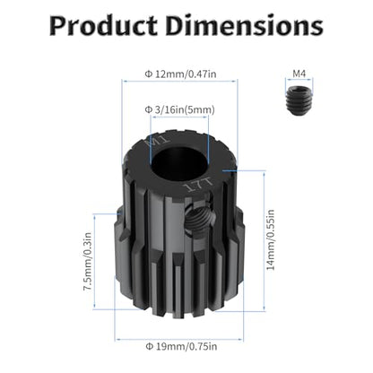 Pinion Motor Gear, M1 17T, 3/16 in (5mm) Shaft Hole | M1 Pitch 17 Teeth, 1045 Hardened Carbon Steel, 3/16 Inch Shaft Hole, RC Motor Pinion Upgrade, for 1/10 RC Brushless Crawler - size: M1 17T