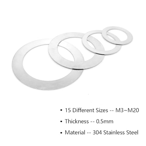 320pcs Flat Washer Assortment Kit, 304 Stainless Steel Thin Gasket 0.5/0.8/1mm Thickness, 15 Different Assorted Sizes M3~M20 Shim Washers for Bolt Screws(0.5mm Thickness Kit) - size: 0.5mm Thickness Kit