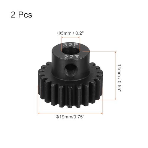 MECCANIXITY 2 Pcs RC 32P Hardened Pinion Gear 5mm Shaft, 22T Motor Gears Carbon Steel for 1/10 RC Model Car Boat Drone - style: 22T