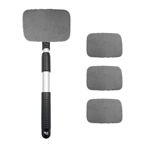Car Windshield Cleaner Tool, Detachable Car Window Cleaner with Aluminum Extendable Handle & 2 Reusable Cloth Pads, Washable Vehicle Windshield Cleaning Wand for Exterior (Gray) - color: Gray