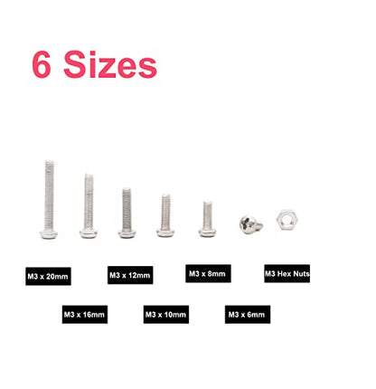 cSeao 420pcs M3 x 6mm / 8mm/ 10mm/ 12mm/ 16mm/ 20mm Pan Head Machine Screws Washers Hex Nuts Assortment Kit, Phillips Drive, 304 Stainless Steel - size: M3