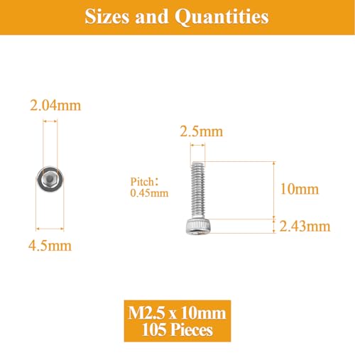 105 Pieces M2.5 x 10mm Socket Head Cap Screws, Thread Pitch 0.45mm, Sutemribor M2.5 Screws, 304 Stainless Steel, Fully Threaded, Silver - size: M2.5 x 10mm, style: Socket Head