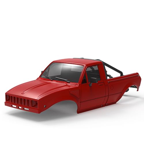 1/24 Pickup Truck Hard Body with Rear Cage Frame for 1/24 RC Crawler Axial SCX24 Bronco/Wrangler/C10/Base Camp Wheelbase 133mm (Red) - color: Red