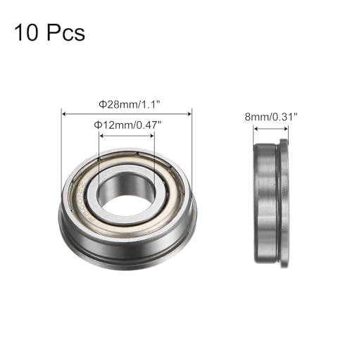 uxcell F6001ZZ Flanged Ball Bearing, 10pcs 12x28x8mm Chrome Steel Double Shielded ABEC1 Flange Bearings - size: 12x28x8mm