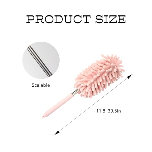 2PCS Car Interior Duster with Extension Pole, Microfiber Retractable Dusters Auto Dash Cleaning Tool, Soft Chenille Hand Washable Dusters for Vehicle Window Office Furniture (Pink) - color: Pink