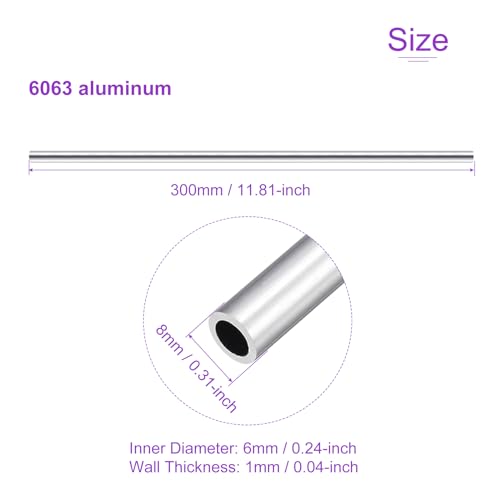 DMiotech 3Pack (8mm OD x 6mm ID) 6063 Aluminum Round Tube 300mm Length Industry Metal Tubing for Machinery Frame Construction DIY Projects - size: 8mm x 6mm x 300mm