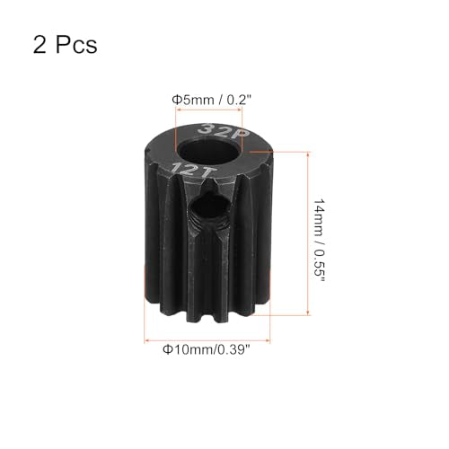 MECCANIXITY 2 Pcs RC 32P Hardened Pinion Gear 5mm Shaft, 12T Motor Gears Carbon Steel for 1/10 RC Model Car Boat Drone - style: 12T