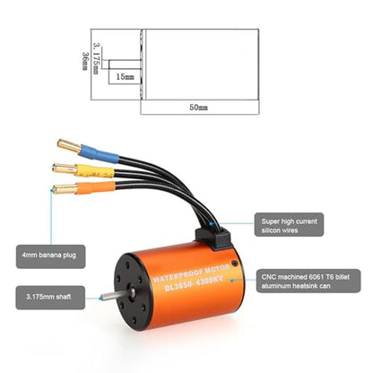 HUIOP Motor, Combo Set 3650 4300KV Motor 60 Brushless ESC 20kg Servo w/ 25T Servo Arm for 1/10 RC Car Truck Off-Road