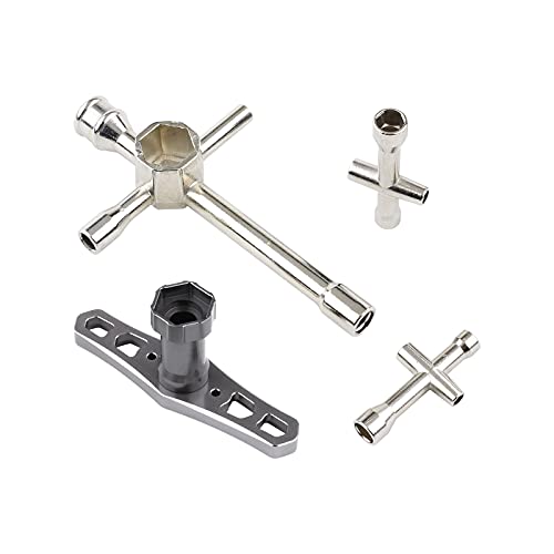 4pcs Mini 4-Way & 6-Way Cross Sleeve Wrenches & Aluminum Hex Nut Driver Bolts Tool Kit 5.5mm 7mm 8mm 10mm 12mm 17mm for 1/8 1/10 RC Car Remote Control Boat Helicopter Drone Robot