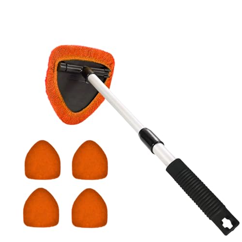 Windshield Cleaning Tool, Car Window Cleaner, Windshield Cleaner with 4 Washable Reusable Microfiber Pads and Extendable Handle, Auto Glass Wiper Cleaning Kit Universal for Car (Orange) - color: Orange