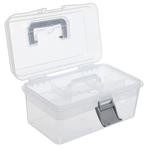 MyGift 10.2 Inch Transparent Plastic Empty Arts and Crafts Tackle Box | Gray Handle and Removable Tray for Tools, First Aid, Sewing Kit Clear Storage Container Craft Supplies Organizer Bead Jewelry