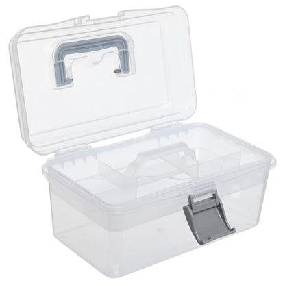 MyGift 10.2 Inch Transparent Plastic Empty Arts and Crafts Tackle Box | Gray Handle and Removable Tray for Tools, First Aid, Sewing Kit Clear Storage Container Craft Supplies Organizer Bead Jewelry