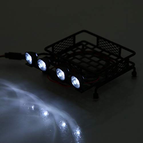Small Size Roof Rack Luggage Carrier with 4 LED Lights, Lightweight, Compatible with Axial SCX10 1/10 RC Crawler Car (4 White) 1/10 Rc Roof Rack
