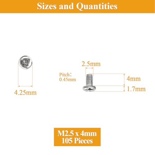 105 Pieces M2.5 x 4mm Machine Screws, Thread Pitch 0.45mm, Sutemribor M2.5 Phillips Pan Head Machine Screws, 304 Stainless Steel, Fully Threaded, Silver - size: M2.5 x 4mm, style: Phillips Pan Head
