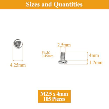 105 Pieces M2.5 x 4mm Machine Screws, Thread Pitch 0.45mm, Sutemribor M2.5 Phillips Pan Head Machine Screws, 304 Stainless Steel, Fully Threaded, Silver - size: M2.5 x 4mm, style: Phillips Pan Head