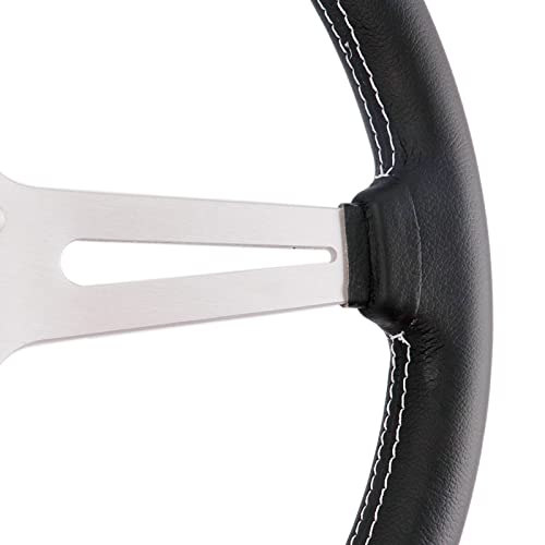 14 inch Genuine Leather 6 bolt Steering Wheel with Silver Spokes | Flat Drift Racing Steering Wheel White Stitching - color: 5126H-Silver