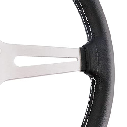 14 inch Genuine Leather 6 bolt Steering Wheel with Silver Spokes | Flat Drift Racing Steering Wheel White Stitching - color: 5126H-Silver