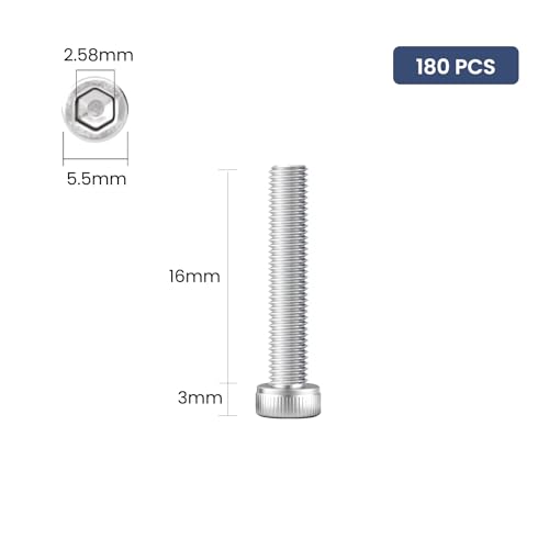 180pcs M3 x 16mm Hex Socket Head Cap Screws Bolts, 304 Stainless Steel 18-8, Allen Socket Drive,Bright Finish, Full Threads,with Hex Spanner - size: M3 x 16mm