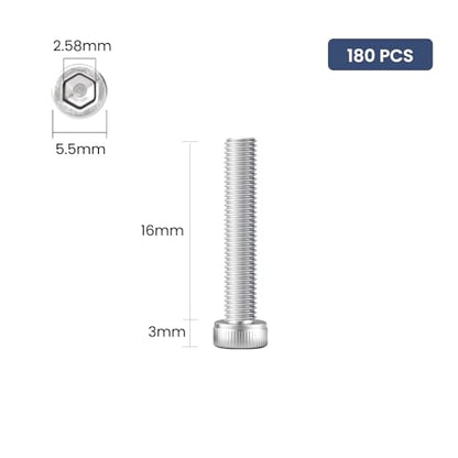 180pcs M3 x 16mm Hex Socket Head Cap Screws Bolts, 304 Stainless Steel 18-8, Allen Socket Drive,Bright Finish, Full Threads,with Hex Spanner - size: M3 x 16mm