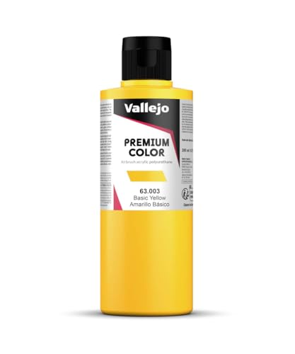 Vallejo - Premium Color Basic Yellow 6.76 Fl.Oz. (200 ml) Matte Finish for Airbrushing, Acrylic-Polyurethane Hybrid Resin of Great Resistance Paint, RC, Model and Hobby Use - style: Basic Yellow