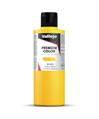 Vallejo - Premium Color Basic Yellow 6.76 Fl.Oz. (200 ml) Matte Finish for Airbrushing, Acrylic-Polyurethane Hybrid Resin of Great Resistance Paint, RC, Model and Hobby Use - style: Basic Yellow
