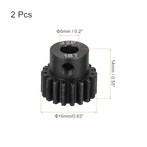 MECCANIXITY 2 Pcs RC 32P Hardened Pinion Gear 5mm Shaft, 18T Motor Gears Carbon Steel for 1/10 RC Model Car Boat Drone - style: 18T