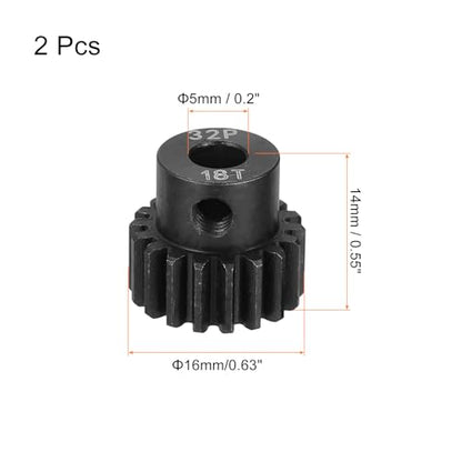 MECCANIXITY 2 Pcs RC 32P Hardened Pinion Gear 5mm Shaft, 18T Motor Gears Carbon Steel for 1/10 RC Model Car Boat Drone - style: 18T