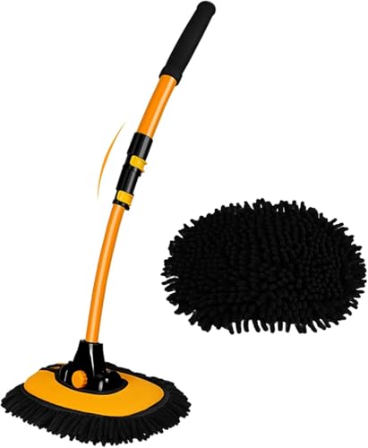 43'' Car Wash Brush with Long Handle Chenille Microfiber Car Wash Kit Mitt Retractable Bent Pole Car Wash Mop for Cars RV Truck Boat (yellow-01) - color: Yellow-01